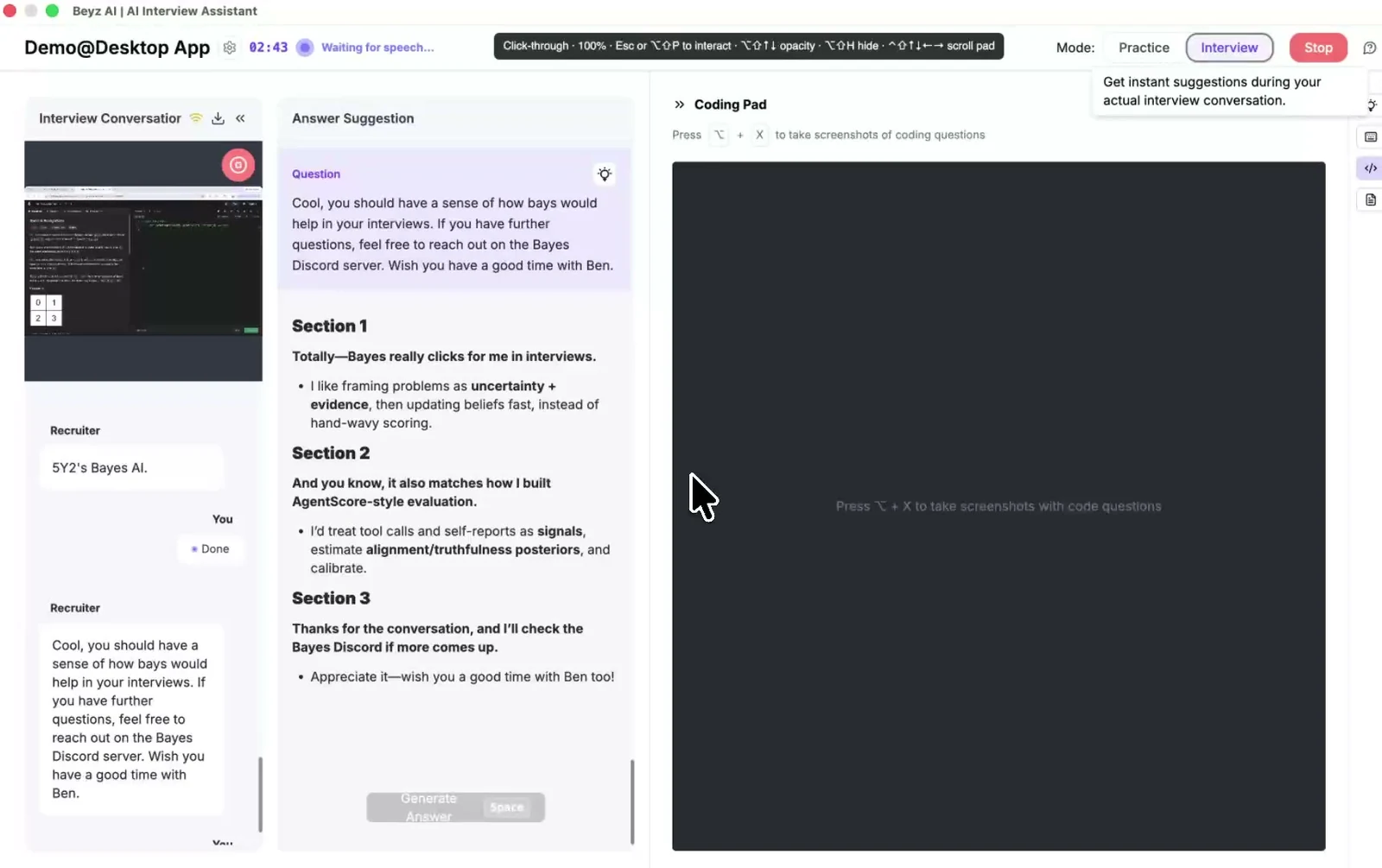 Beyz AI desktop interface with interview context, suggested answers, and a coding panel.