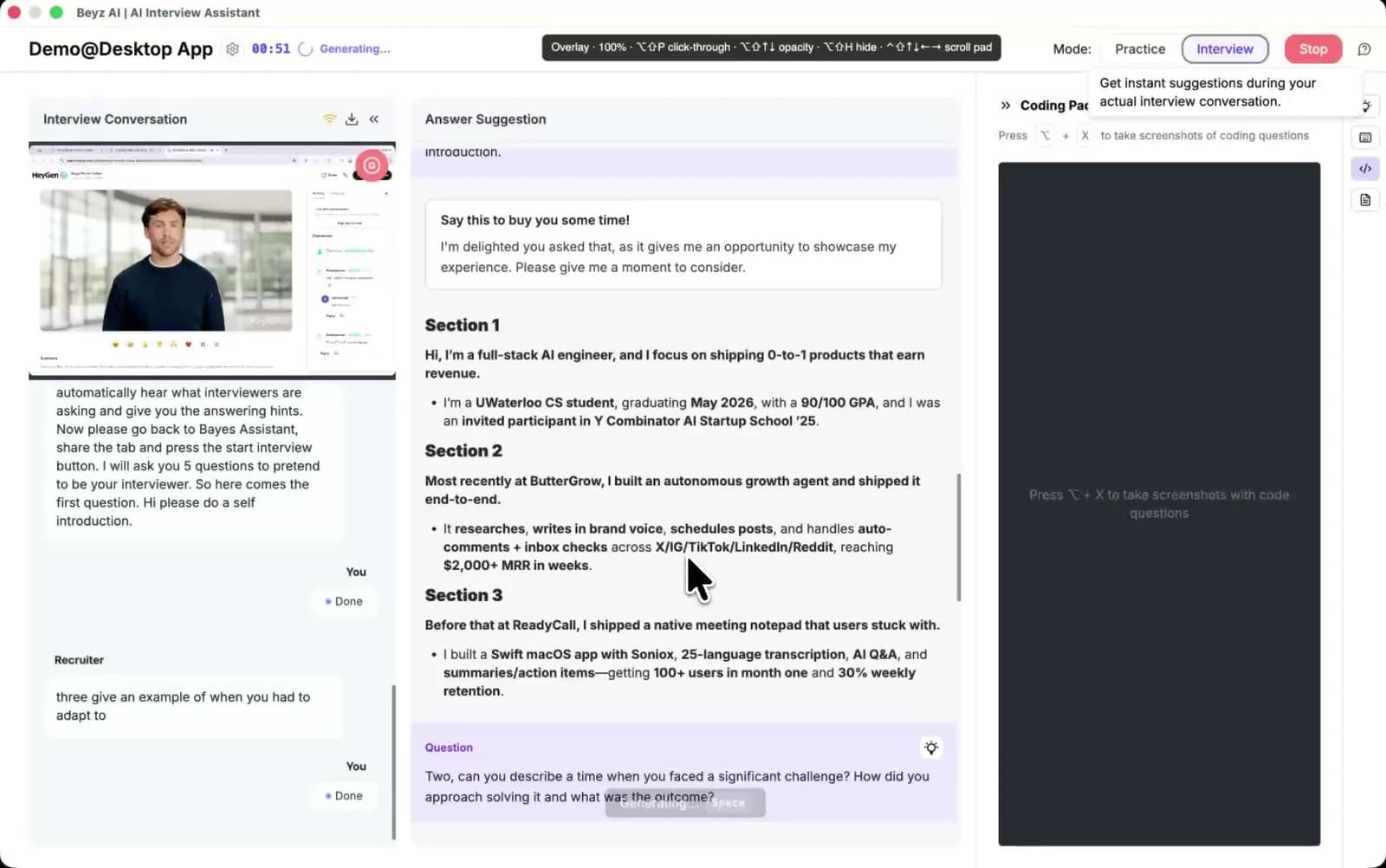 Beyz AI desktop assistant with interview transcript and answer suggestions.