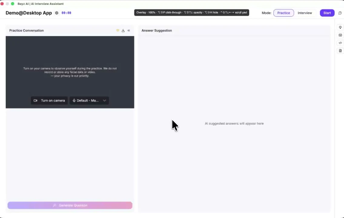Beyz AI solo practice setup with camera, microphone, and answer suggestion panels.