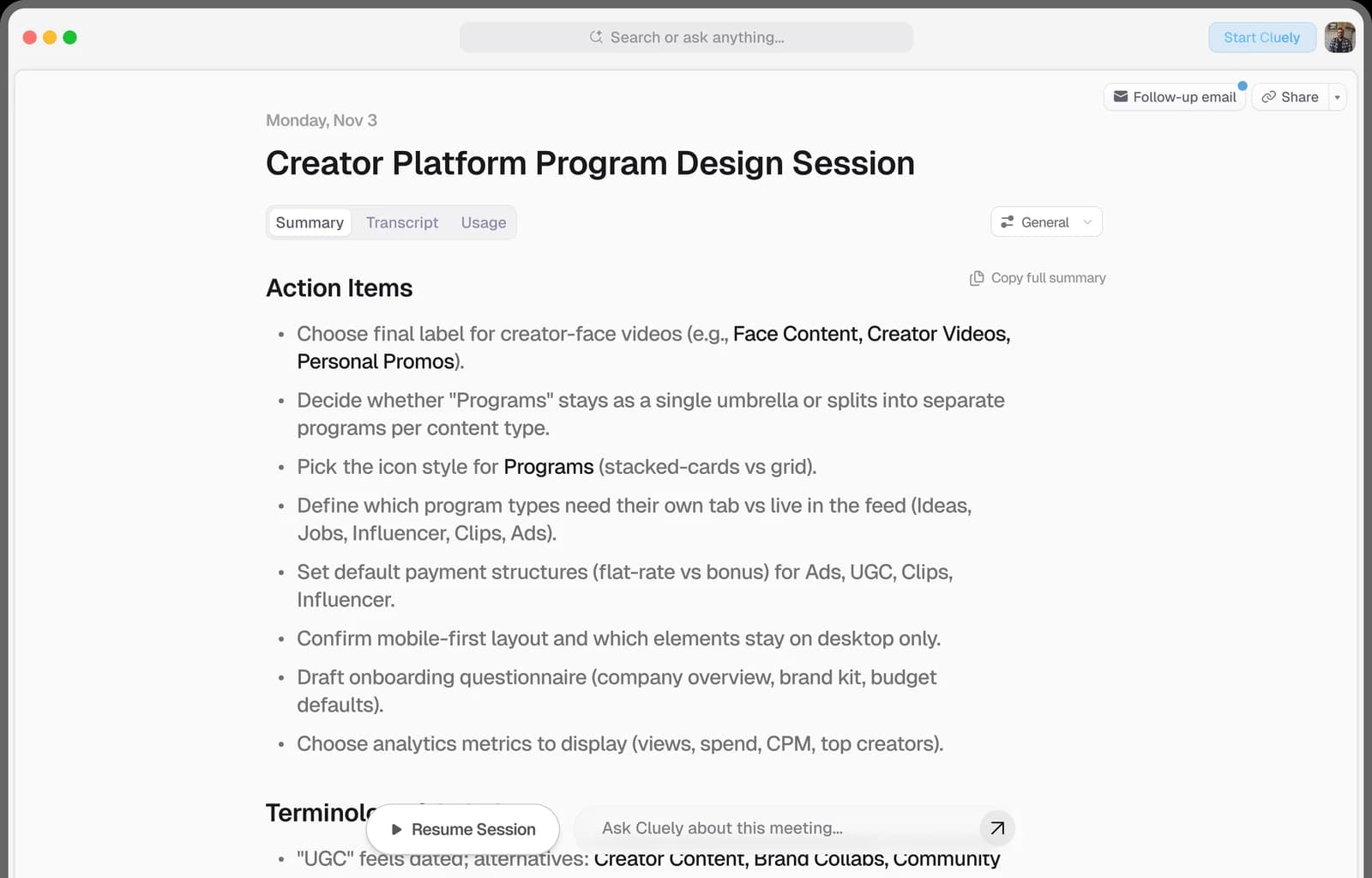Cluely meeting notes interface showing a session summary and action items.