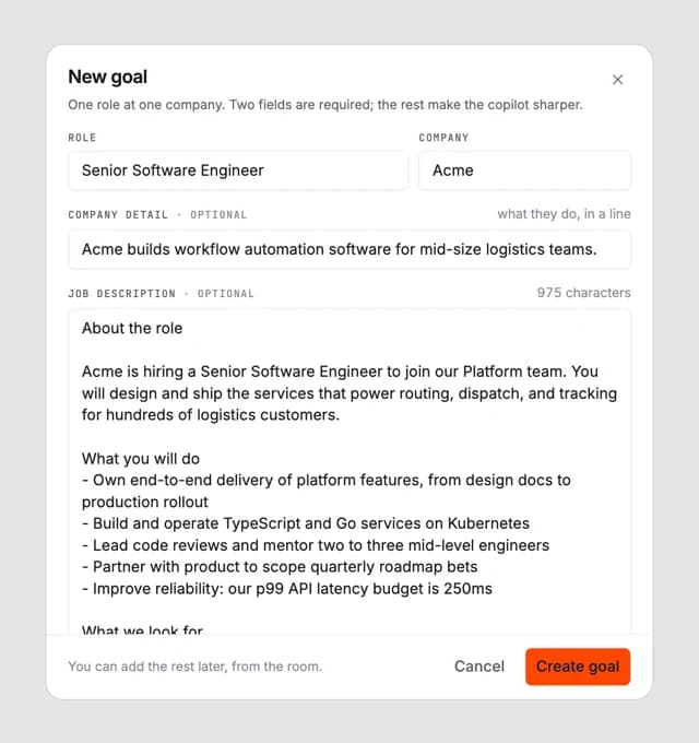 Final Round AI goal setup with role, company, and job description fields.