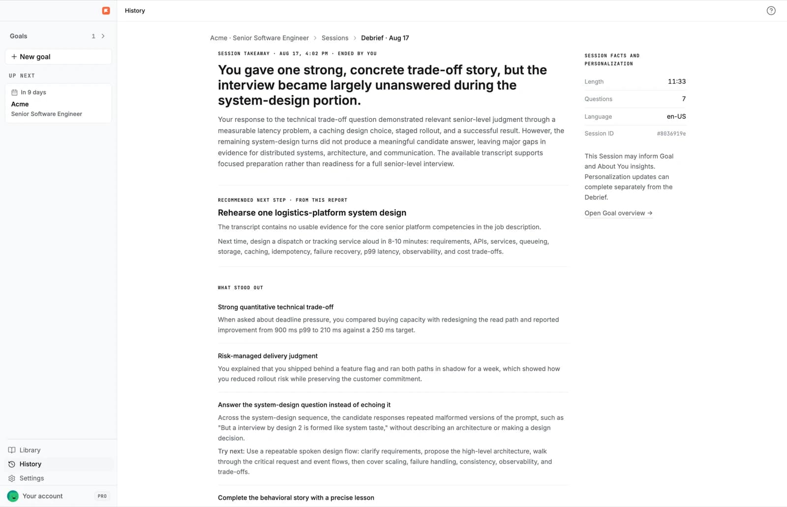 Final Round AI interview debrief showing feedback and recommended next steps.