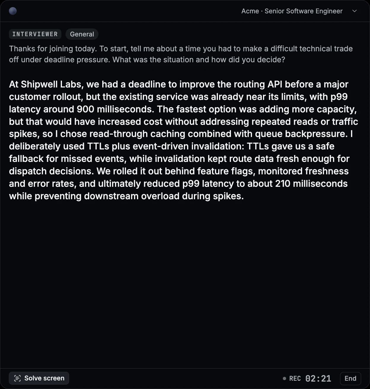 Final Round AI CoPilot interface displaying a suggested interview answer.