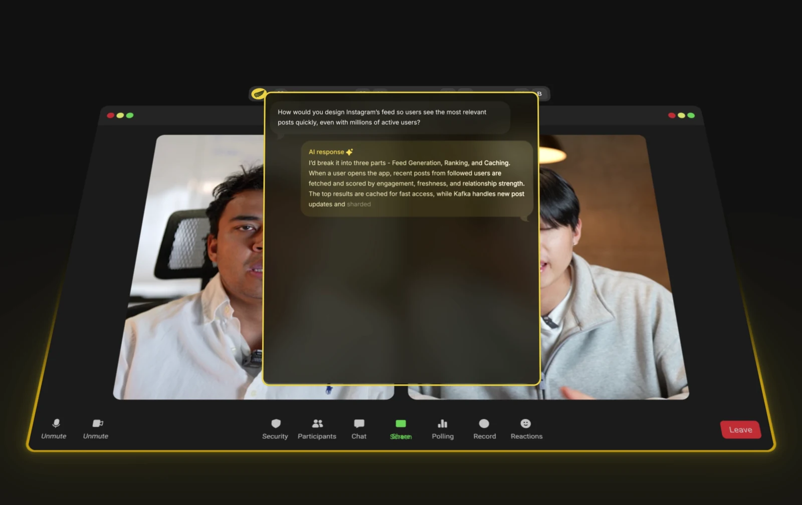 Interview Coder — Panel de respuestas en una videollamada
