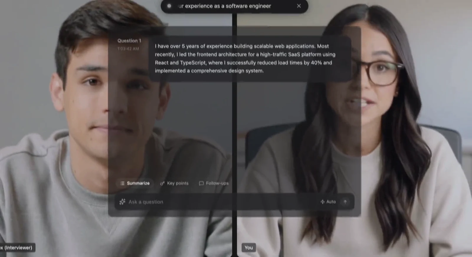 Verve AI official demo showing a suggested answer overlay during a video interview.