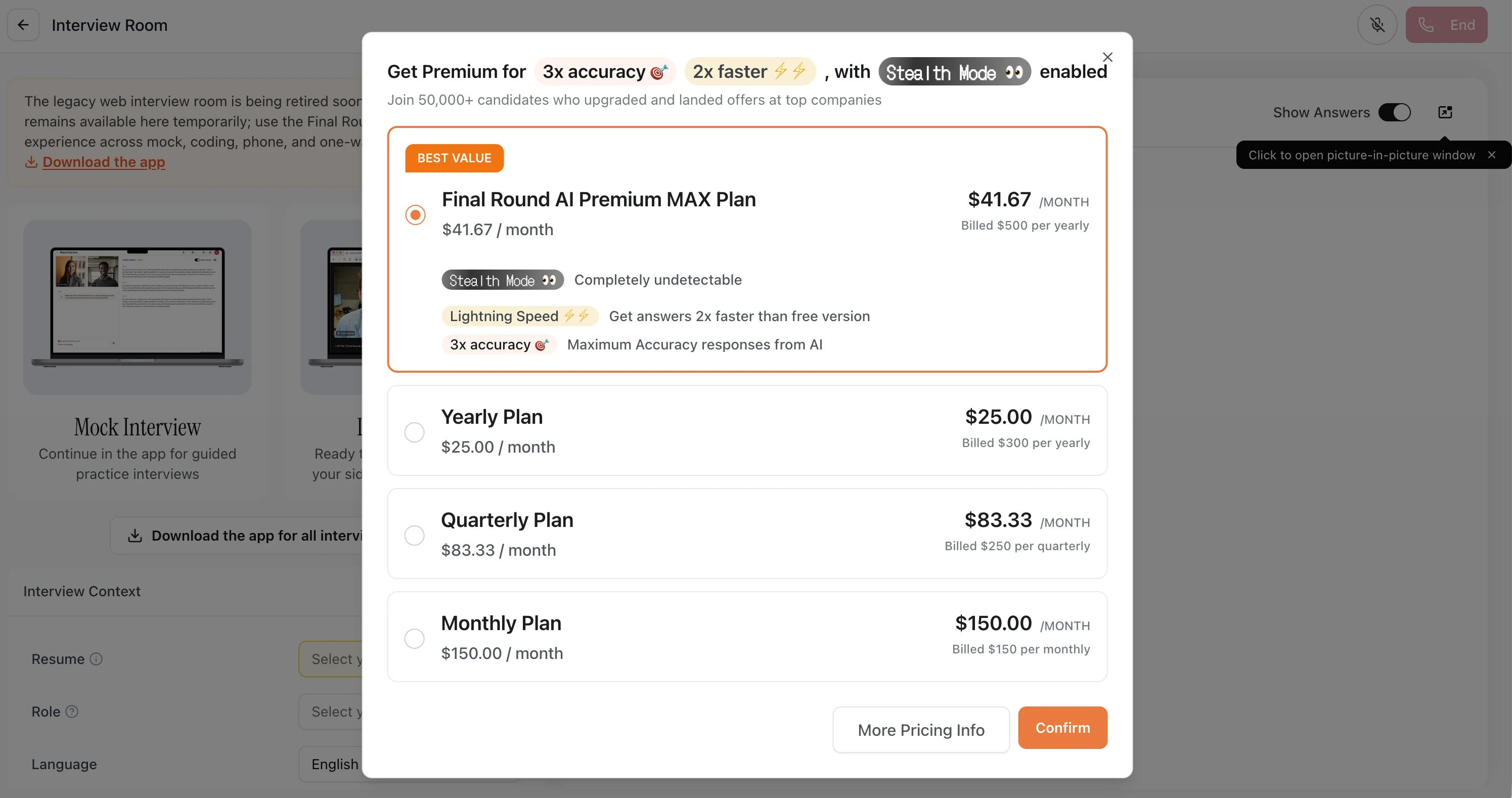 Final Round AI pricing screenshot