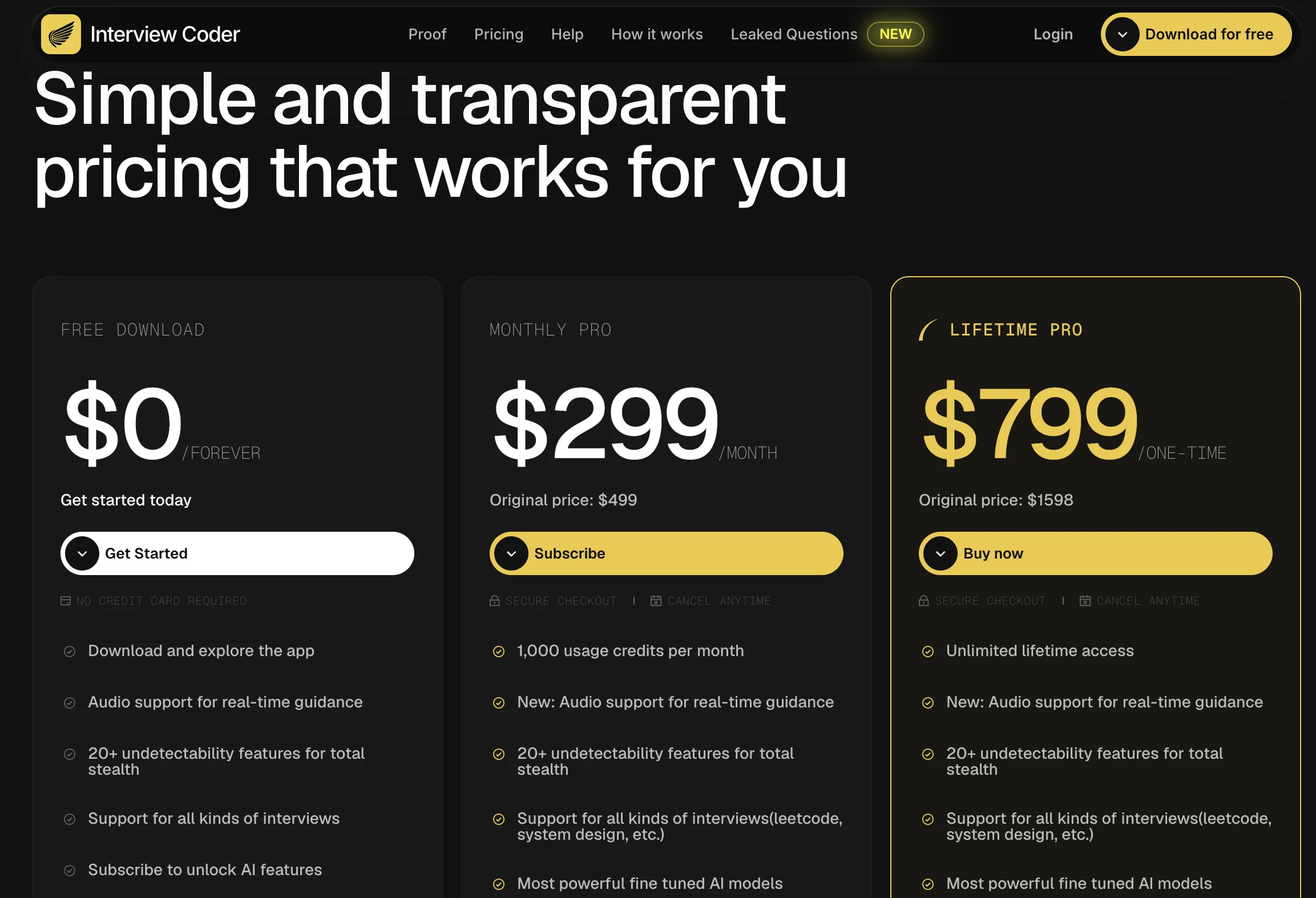 Interview Coder pricing screenshot